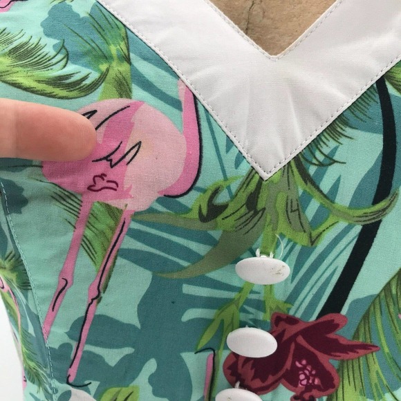 Hell Bunny Vixen Dress Womens XS Flamingo Tropical Fit & Flare V Neck Retro Flaw - Picture 9 of 12